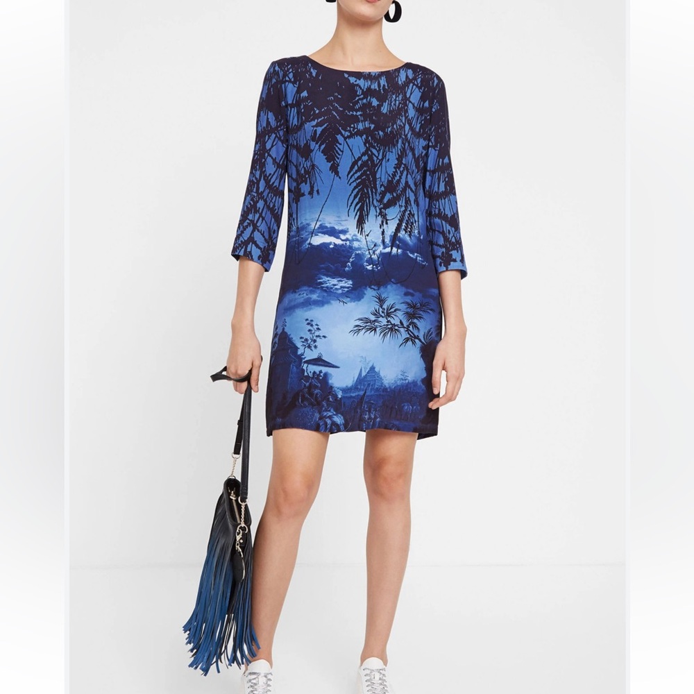 Desigual Blue Bruna Oriental Landscape T Shirt Dress US 2 XS EUR 36 $160
